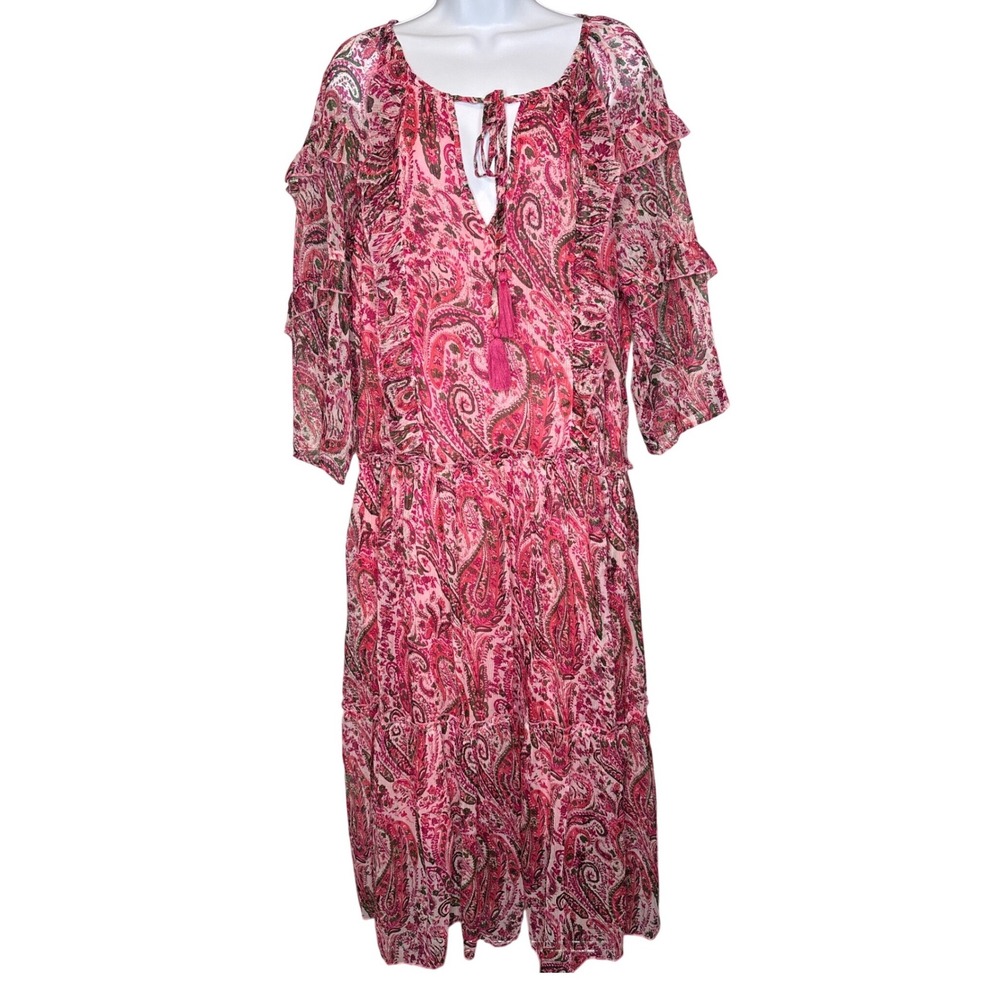 NWT Debbie Katz Womens Pink Paisley Maxi Dress L Boho Ruffle Tassel Cotton Gauze